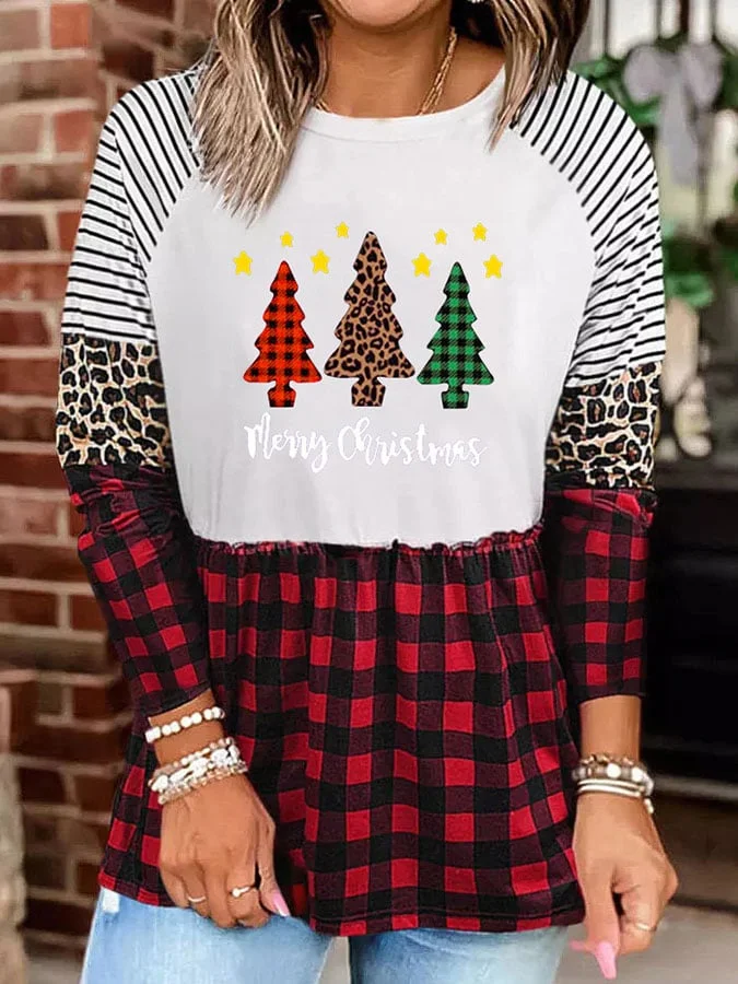 Christmas Print Panelled Leopard Long-Sleeve T-Shirt