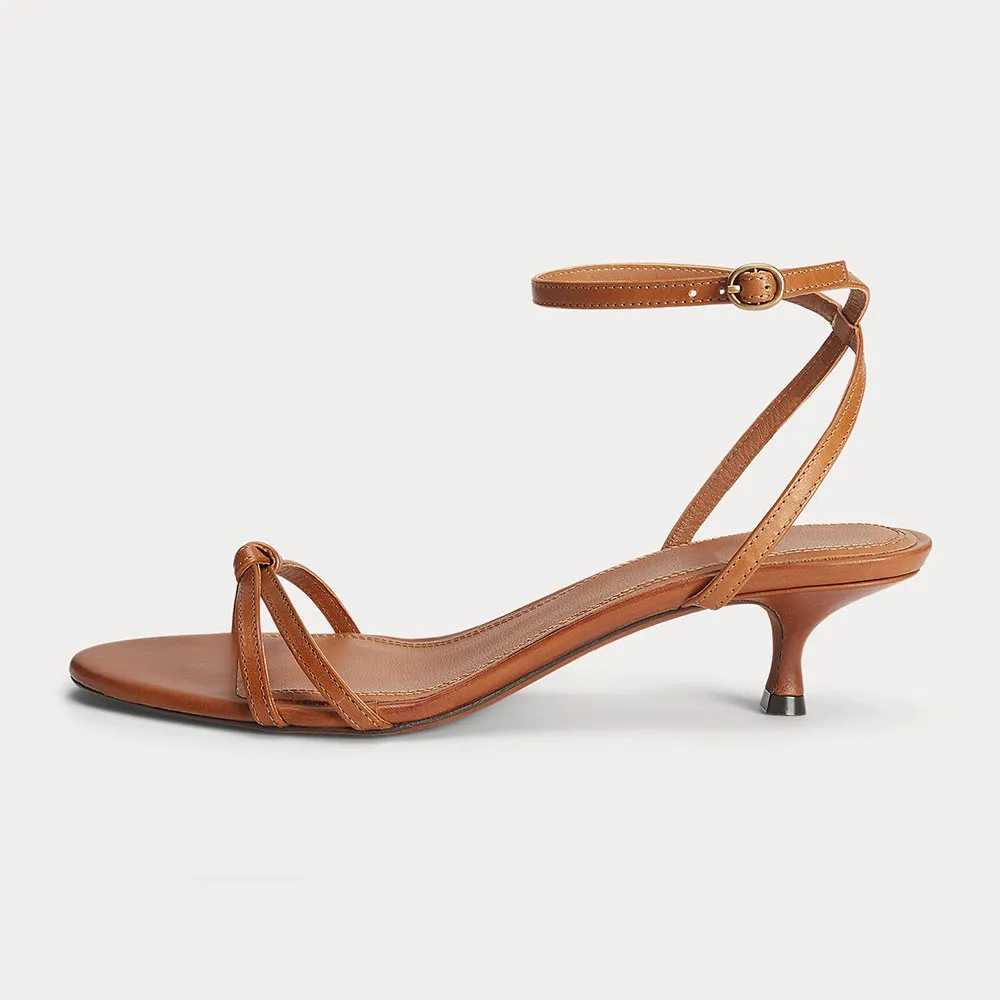 Brown Open Toe Cross Ankle Strap Women's Heel Sandals with Knot