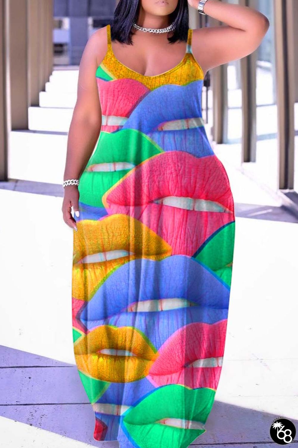Green Sexy Print Backless Spaghetti Strap Long Dress Dresses | 168DEAL