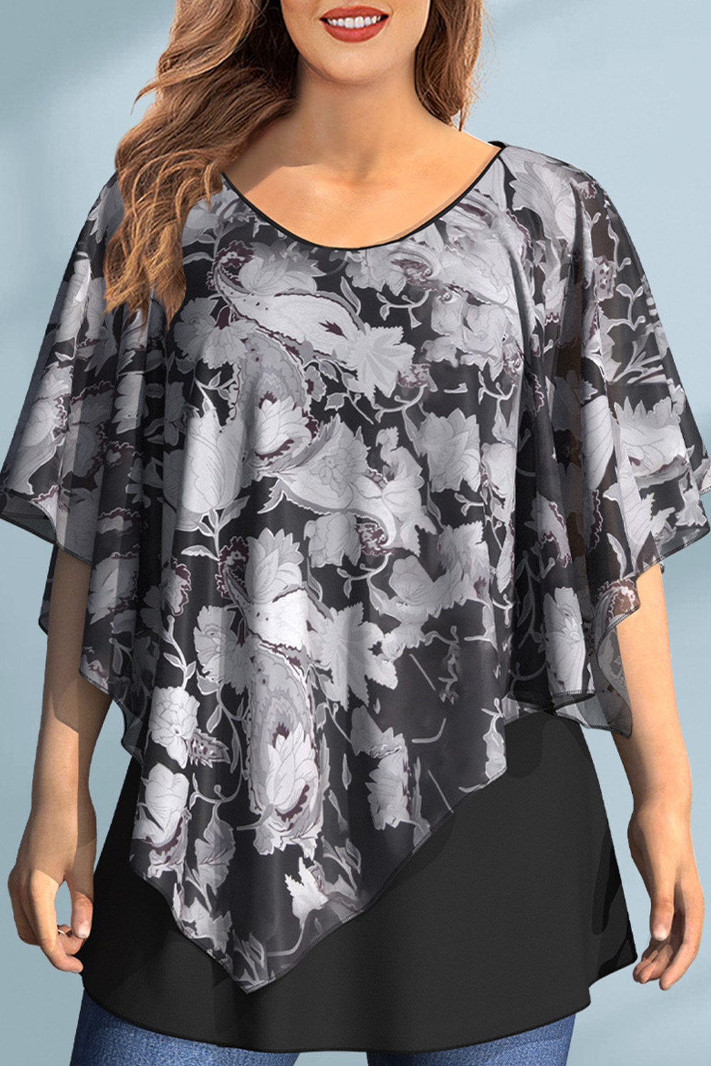 Flycurvy Plus Size Dressy Black Floral Print Ruffle Batwing Cape Sleeve Layered Blouse 2024 - Flycurvy 