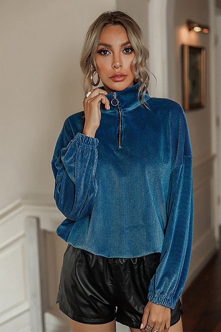 Velvet High Neck Zipper Long Sleeve Top
