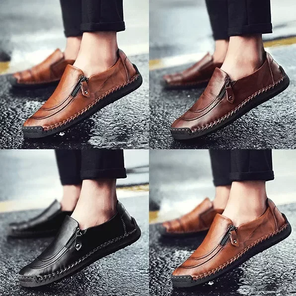 Men's Handmade Side Zipper Casual Comfy Leather Slip-On Loafers