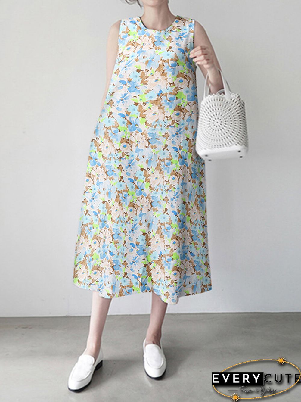 Calico Sleeveless Round Neck Print Dress