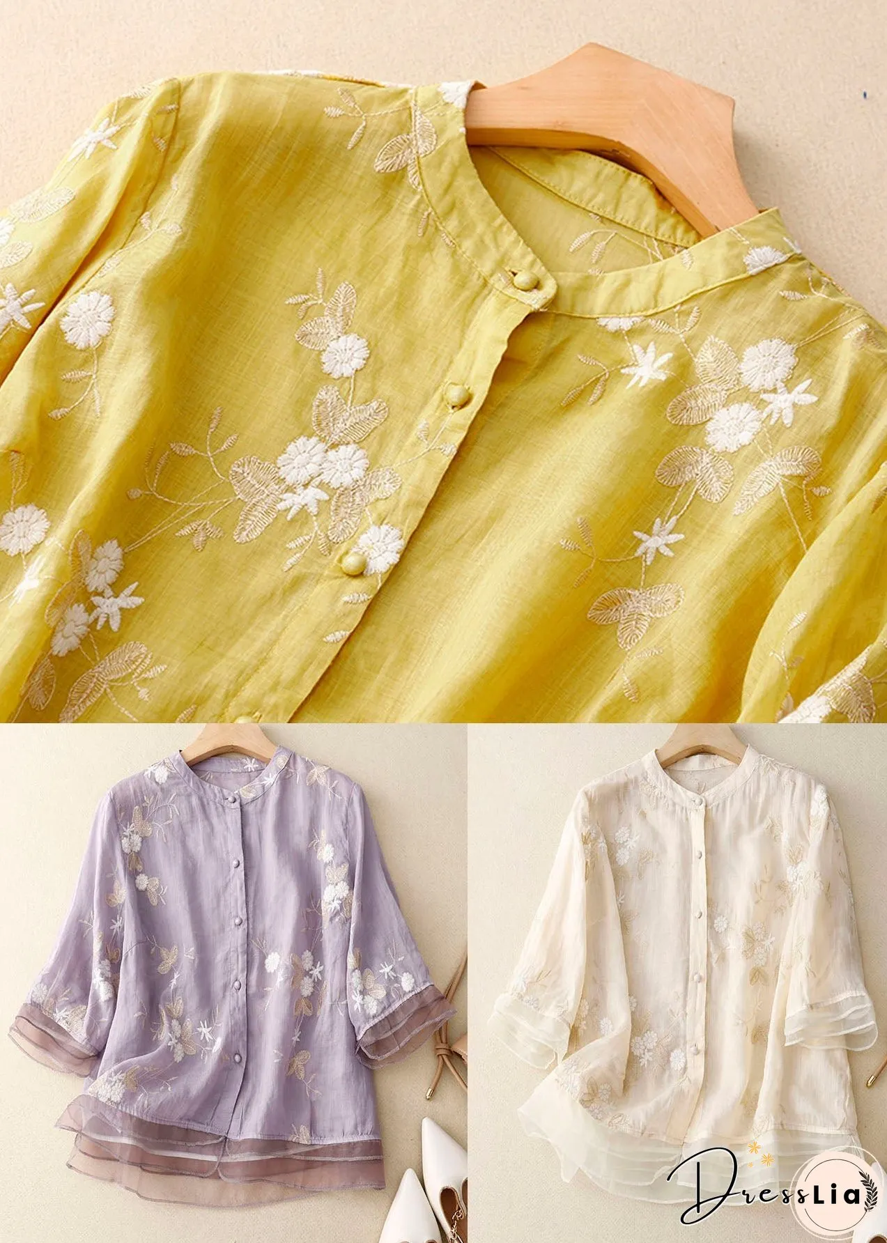 Purple Patchwork Cotton Shirt Tops Stand Collar Embroideried Summer