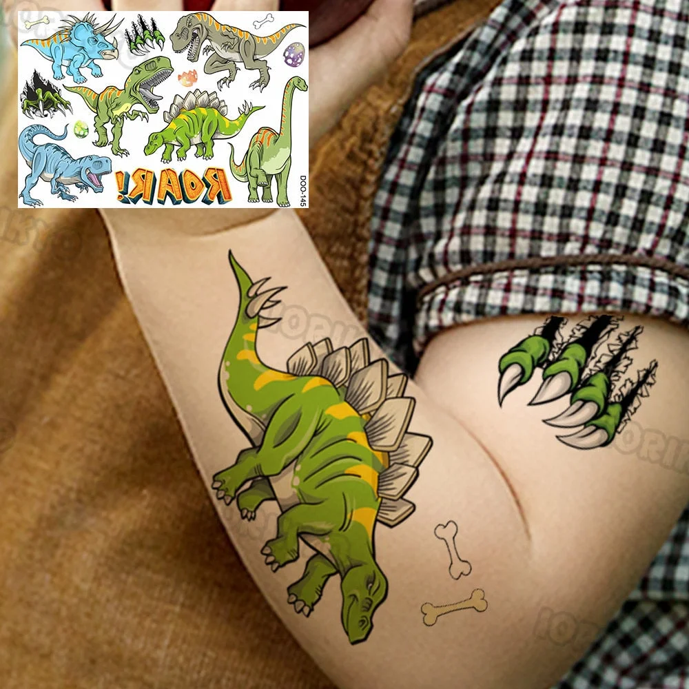 Roaring T-Rex Temporary Tattoo For Kids Boy Son Girls Fake Dinosaur Tattoo Sticker Cartoon Egg Tiny Tatoos Toddler Hands Arm