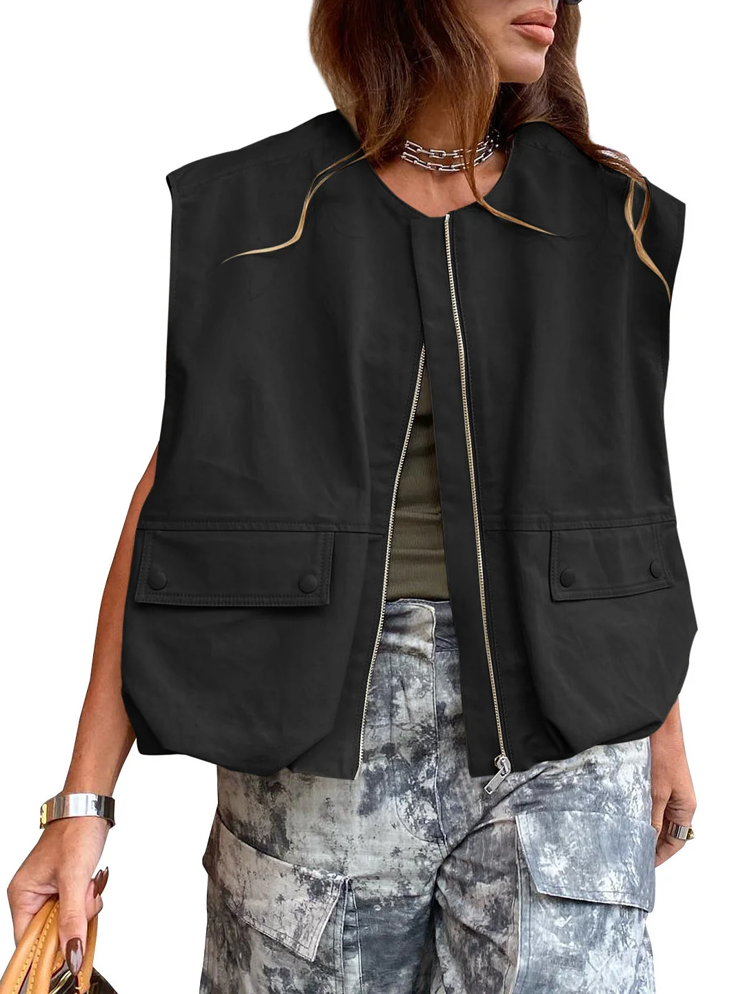 Woherb New Women's Sleeveless Pocket Baggy Vest Solid Color Cardigan Zipper Fashion Coat Women-Outfit Ideas