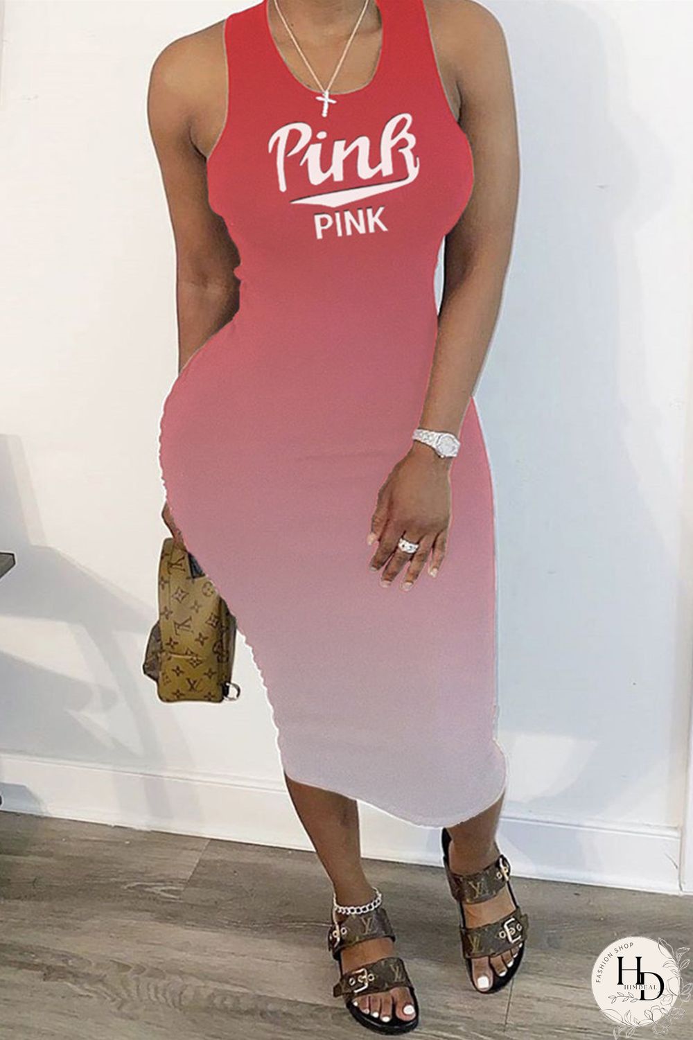 Rose Red Fashion Casual Gradual Change Letter Print Basic U Neck Vest Dress