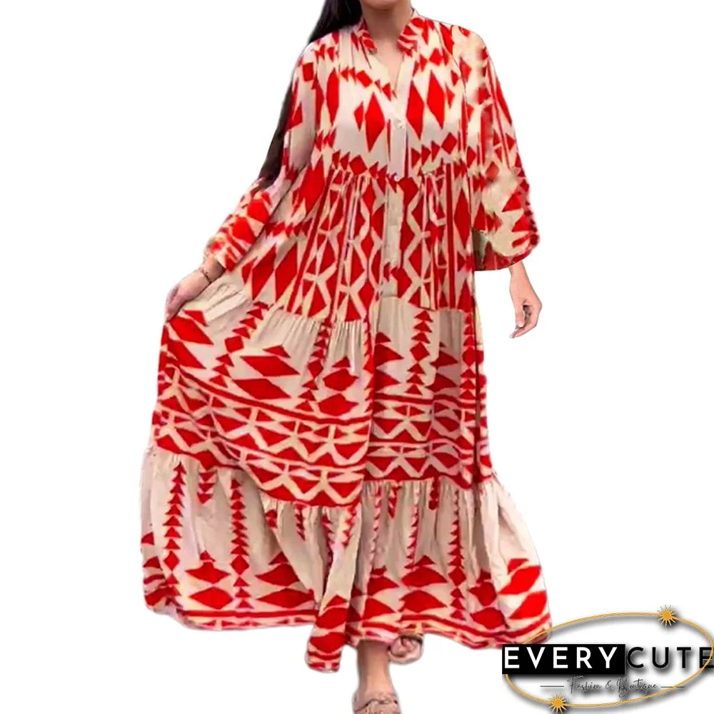 Watermelon Red printed long sleeve Maxi Dress