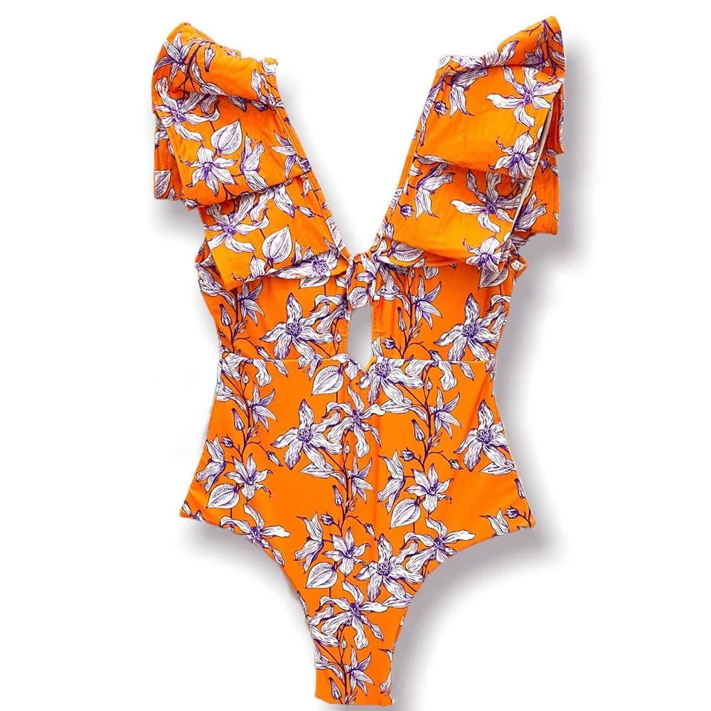 2022 New Sexy Ruffle Print Floral One Piece Strappy Slimming Swimwear Women Swimsuit Deep-V Bathing Suit Beach Wear Monkini