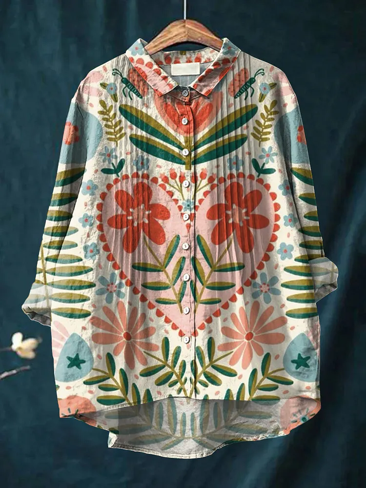 Women's Beautiful Vintage Heart Floral Painting Art Print Casual Cotton And Linen Ruffle Shirt