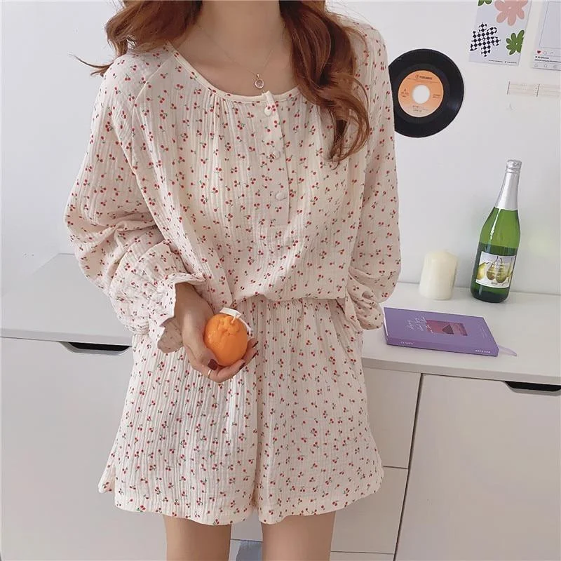 Korean Pajama Mujer Cherry Print Cotton Yarn Sleepwear Set Long Sleeve Top+Shorts Ruffle Homewear Skin-Friendly Breathable S1029