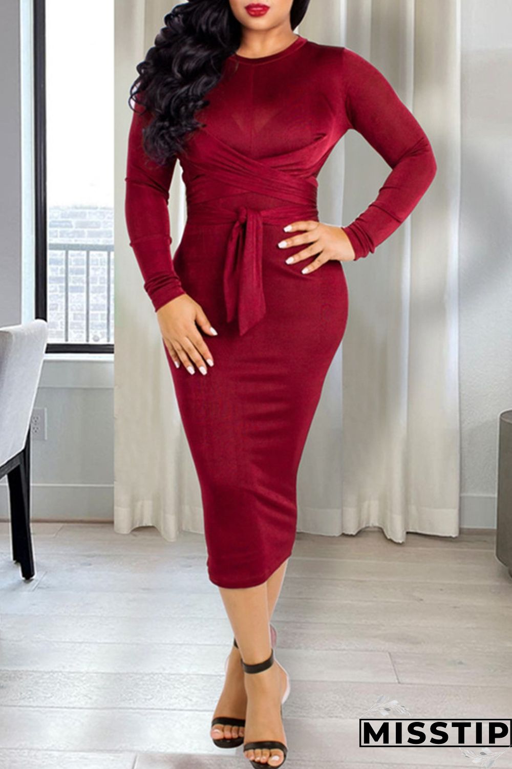 Burgundy Casual Solid Patchwork Frenulum O Neck Long Sleeve Dresses