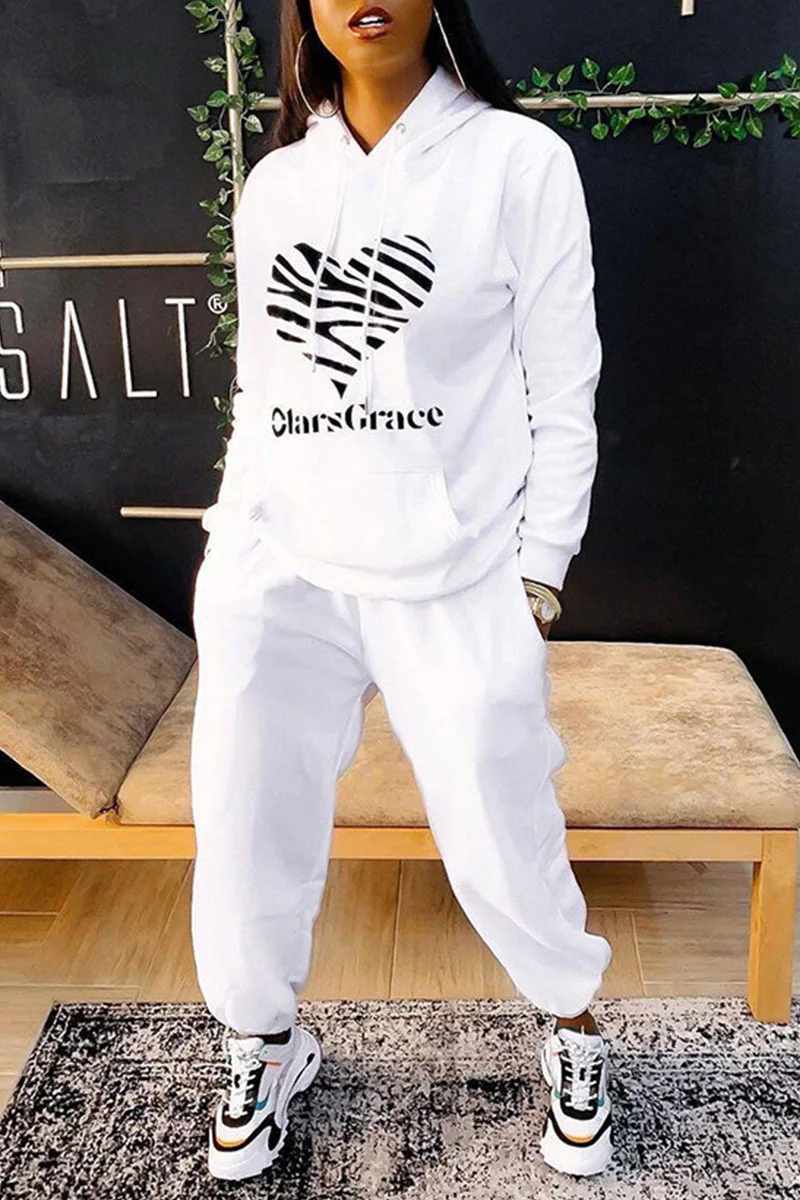 White Casual Print Split Joint Hooded Collar Long Sleeve Two Pieces
