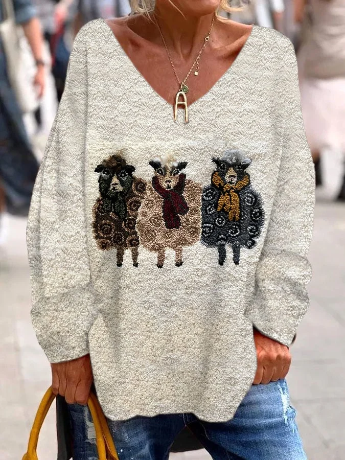 Women's Cute Plush Sheep Pattern Print Casual V-Neck Loose T-Shirt