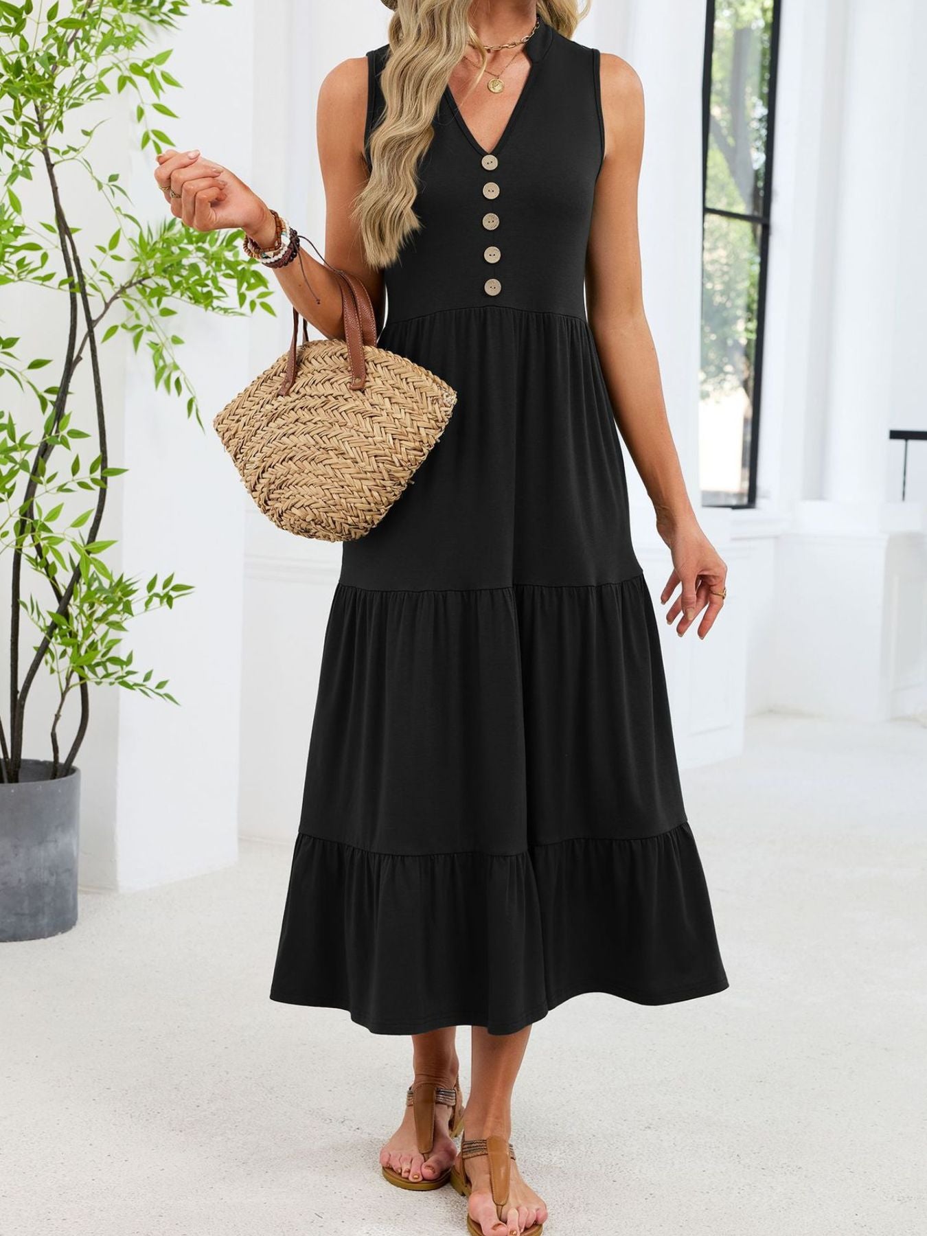 Sleeveless Notched Tiered Midi Dress mysite idetrend