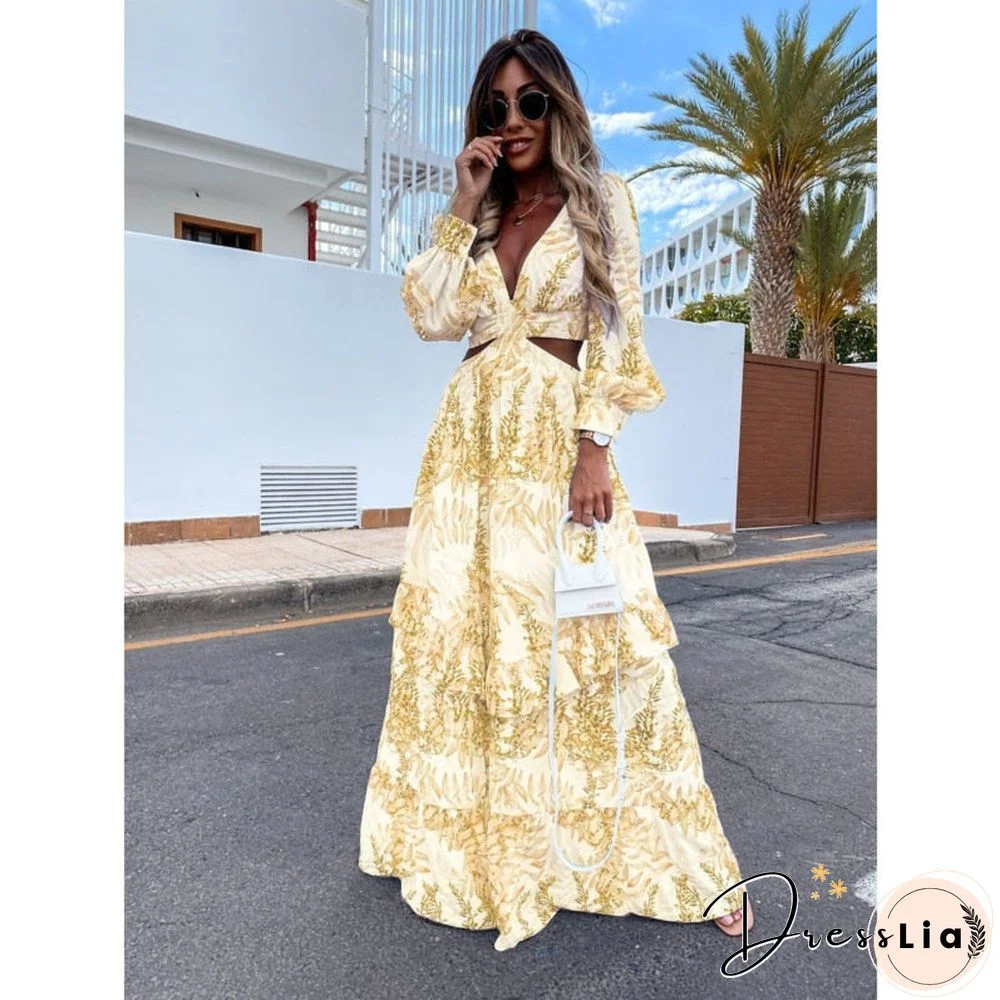 Back To School Outfit  Women Sexy Maxi Dress Summer V-Neck Backless Hollow Out Lantern Sleeve Club Party Long Dresses Female Tunic Beach Cover Up