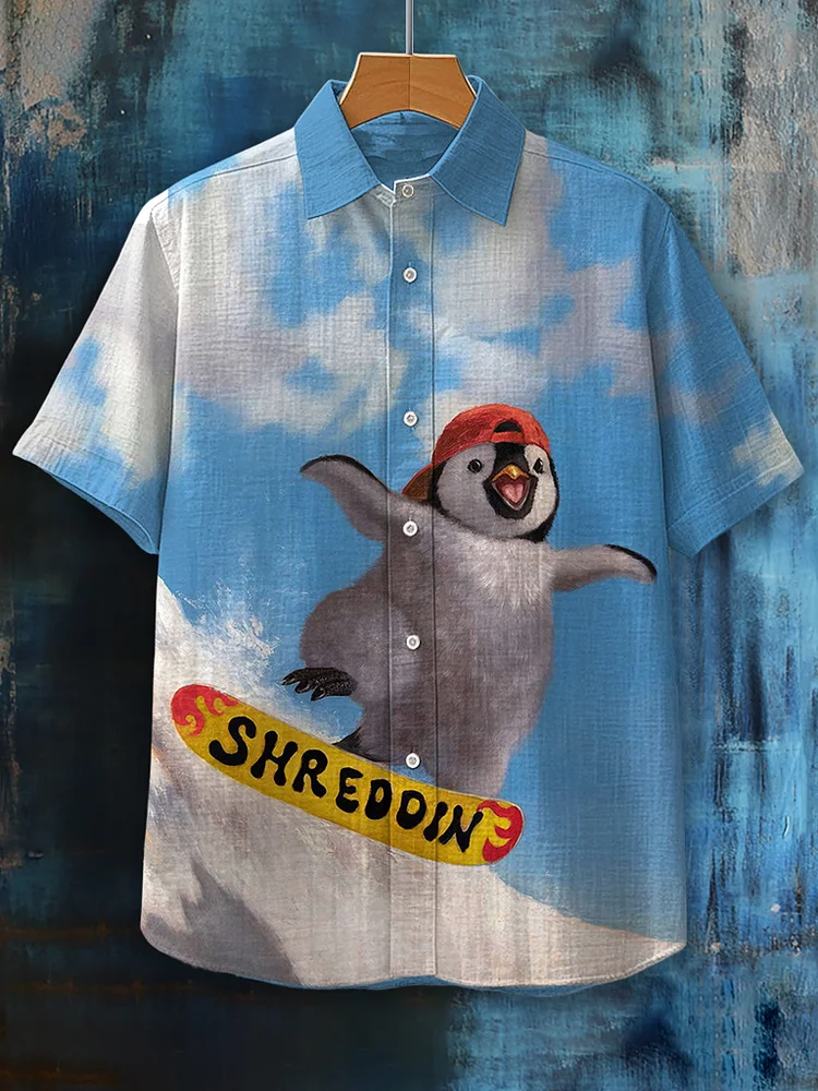 Men's Cute Penguin Skiing Print Short Sleeve Shirt
