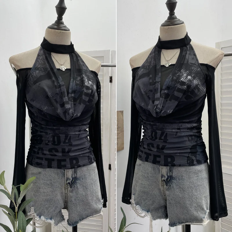 Nigikala Nigikala Hottie Hanging Neck A Word Shoulder Collar Long Sleeve Mesh Yarn T-Shirt 1331