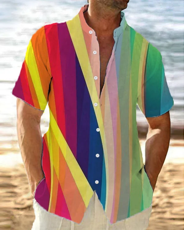 Men's Casual Colorful Art Print Short Sleeve Stand Collar Shirt