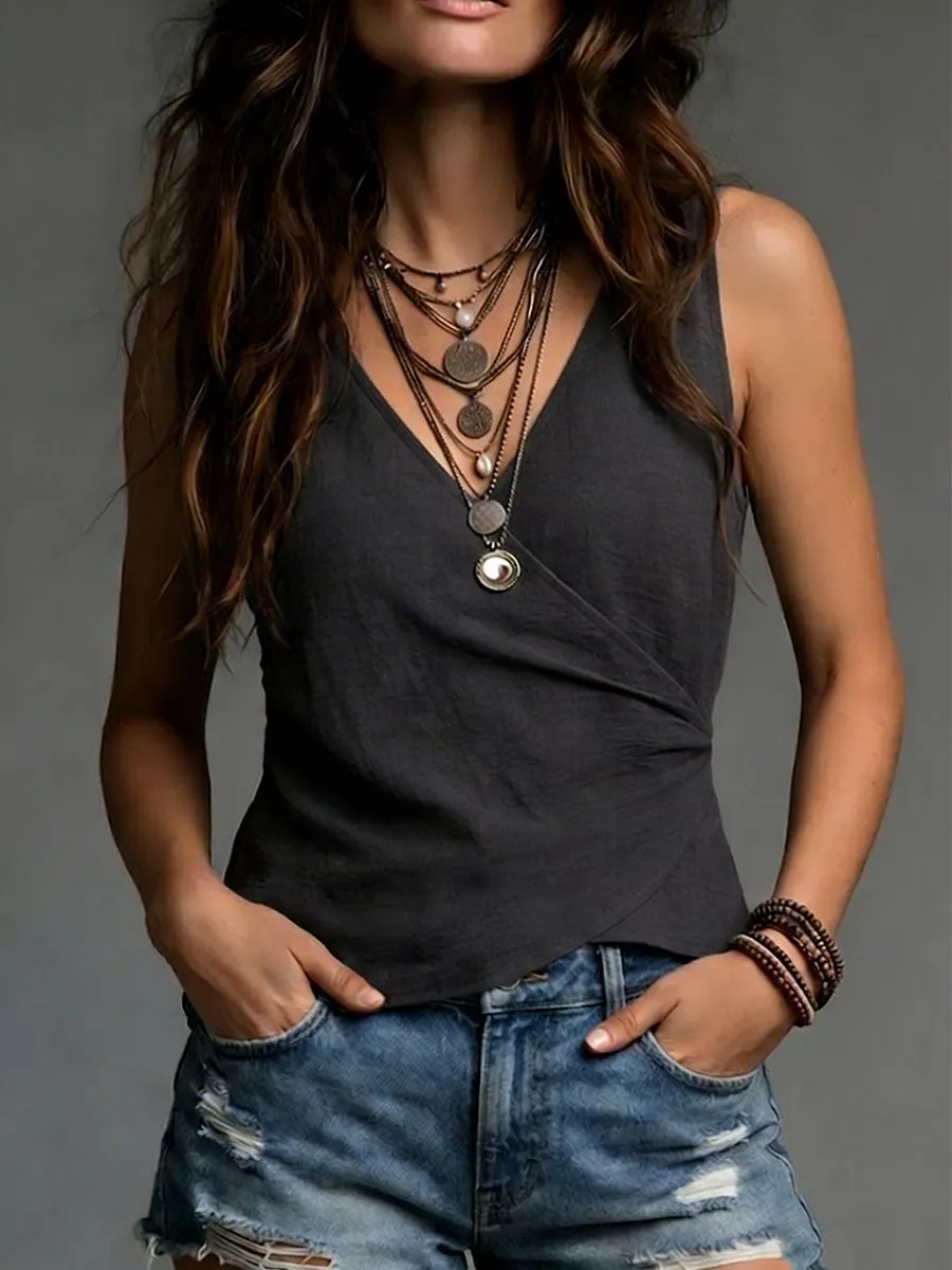 Cozy Minimalist Solid-color V-neck 100% Cotton Vest mysite idetrend