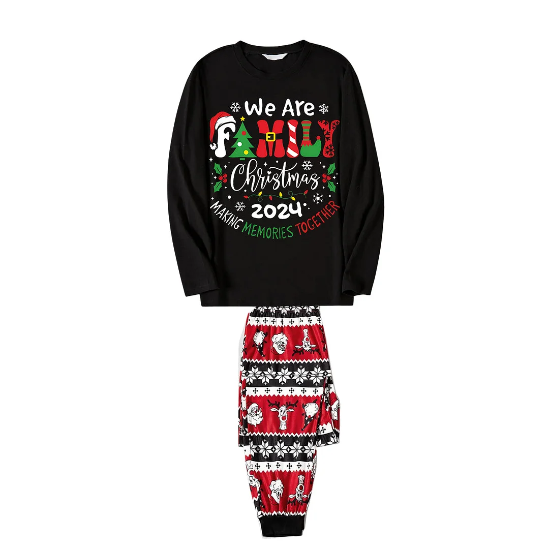 "We are Family" 2024 Christmas Wreath - Black Long Sleeve with Fashionable and Versatile Multi-Element Christmas pants Family Matching Pajamas
