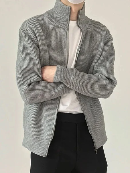Men's Casual High Neck Zipper Ribbed Knit Sweater Jacket