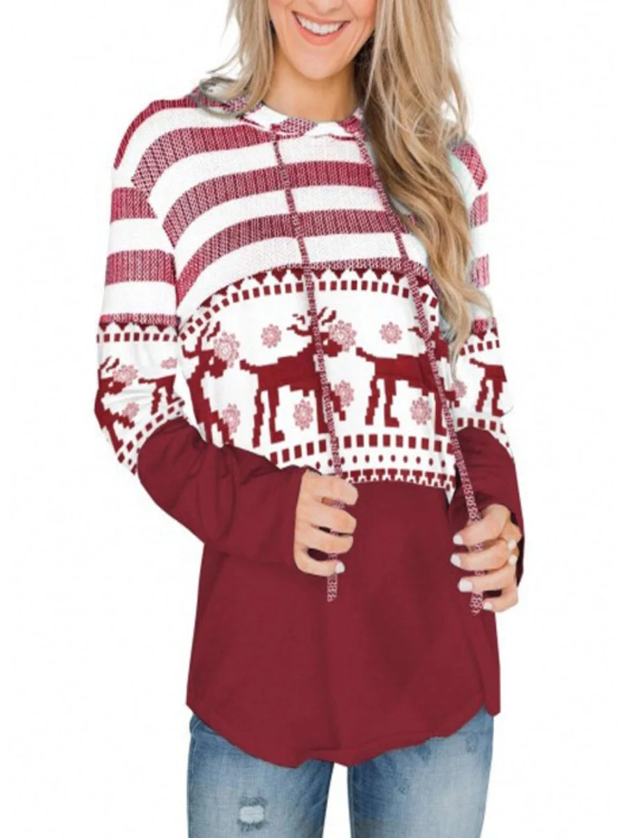 Women's Christmas Sweatshirt Elk Snowflake Stripe Print Pullover Hoodie