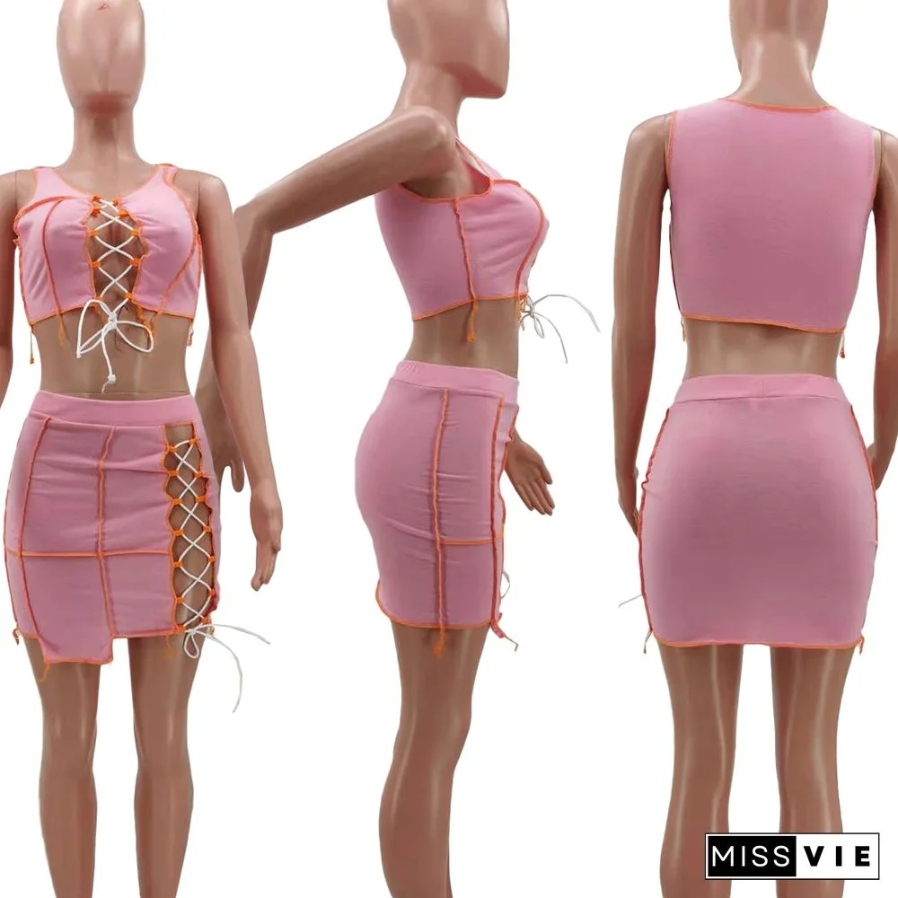 Women Lace Up Sexy Crop Tops Mini Skirts 2 Piece Matching Set