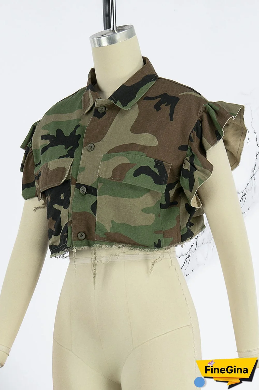 Camouflage Street Camouflage Print Patchwork Buckle Turndown Collar Tops