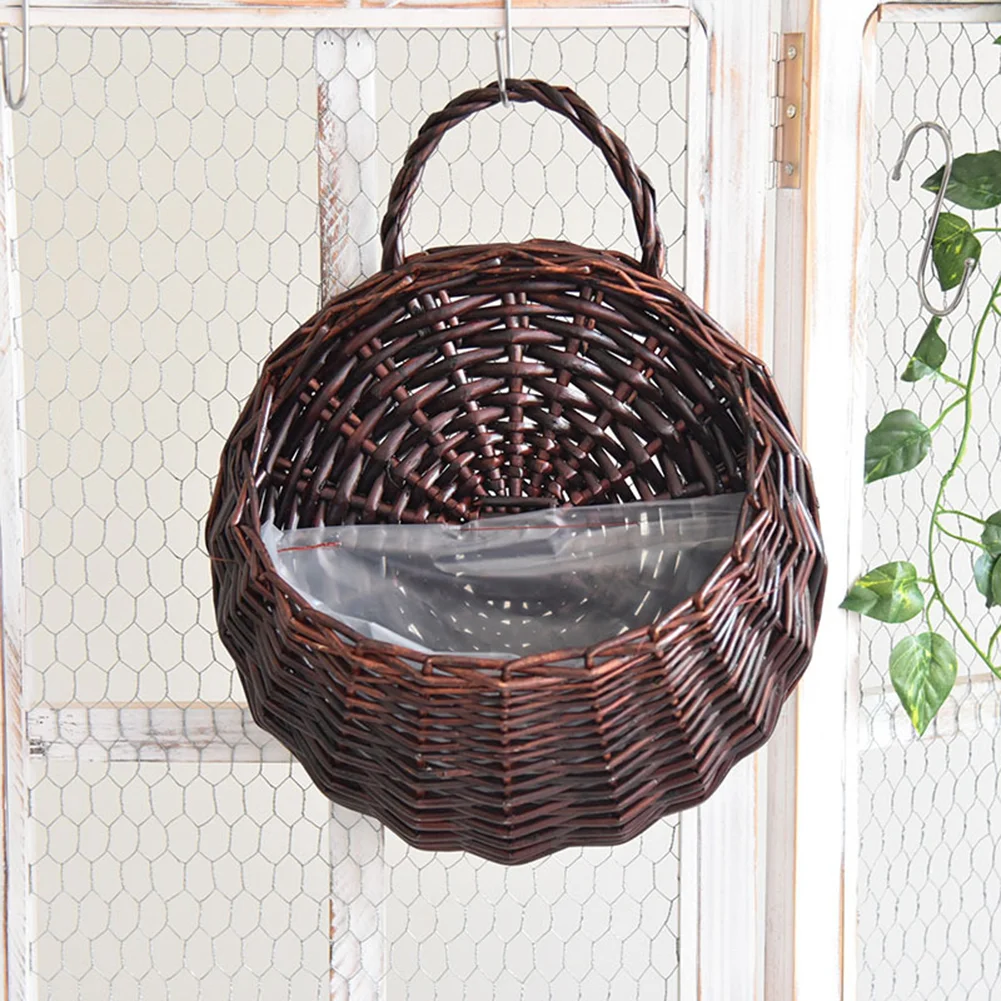 Wall Mount Wicker Flower Pot Hanging Woven Rattan Basket Decor (Dark Brown)