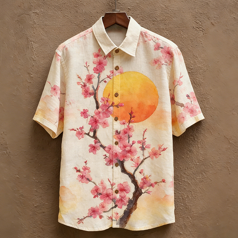 Men's Japanese-style Artistic Floral Print Short-sleeved Shirt  artssus