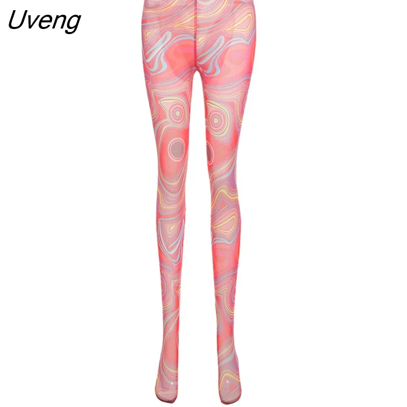 Uveng Aesthetic Print Mesh Y2K Thin Leggings Women Trousers Casual High Waist Skinny Clothes Lady Jogger Pant Female Streetwear
