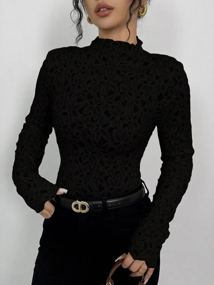 Lace Flowers Perspective High Collar Slim Fit Long-sleeved T-shirt