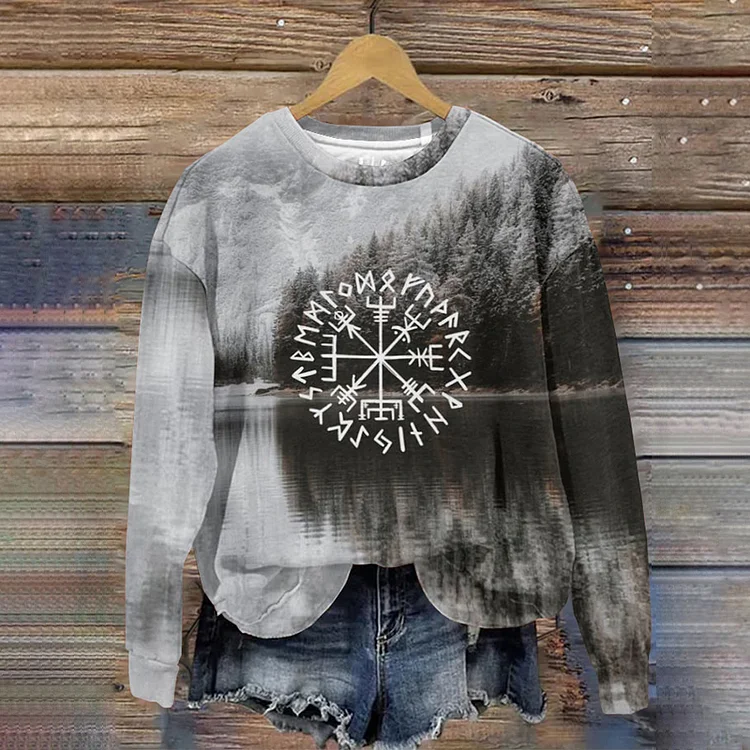 Retro Landscape Viking Totem Print Sweatshirt