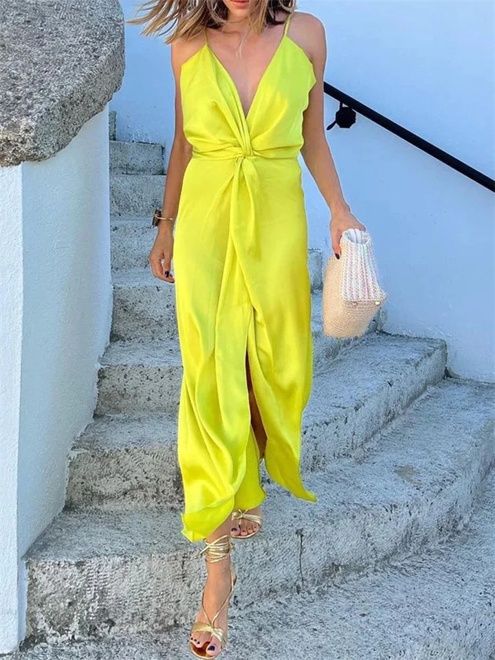 Sexy Dress Silky Fabric New Deep V Dress Open Backless Halter Dress Female-Hoverseek
