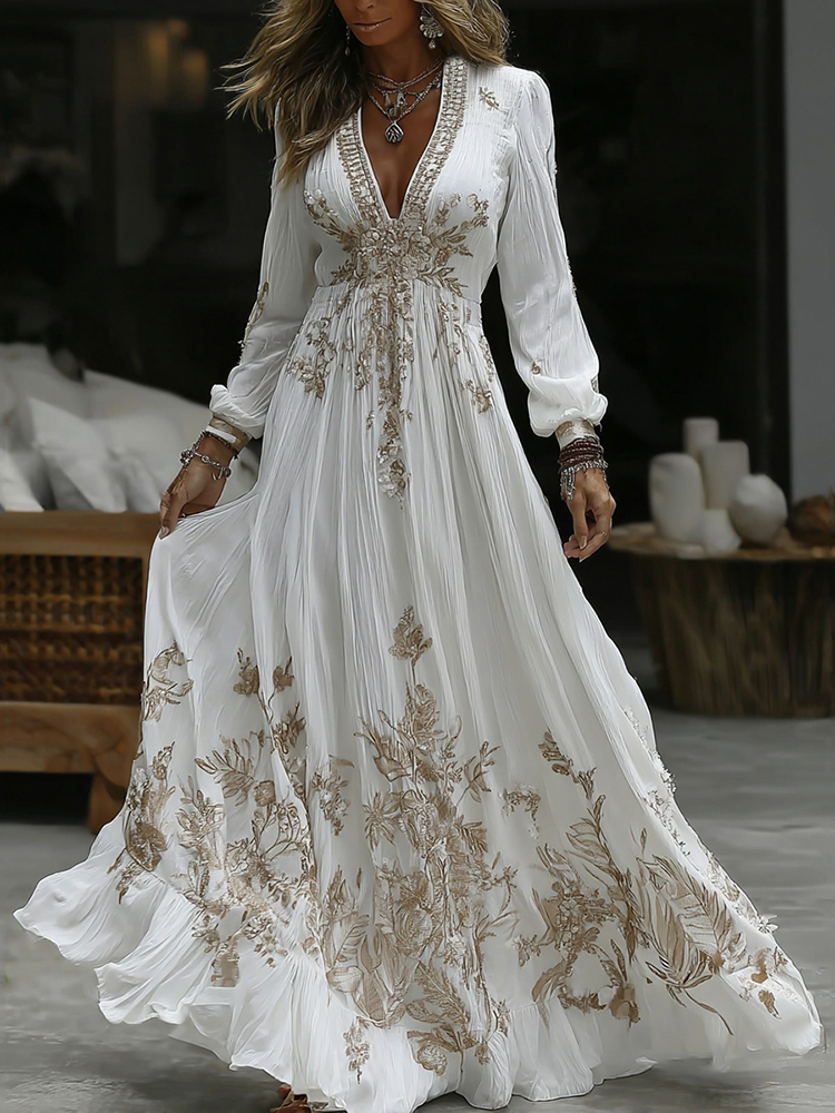 Women's Vintage Floral Embroidery Art Casual Long Sleeve Maxi Dress Women's Vintage Floral Embroidery Art Casual Long Sleeve Maxi Dress - Image 1