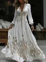 Women's Vintage Floral Embroidery Art Casual Long Sleeve Maxi Dress