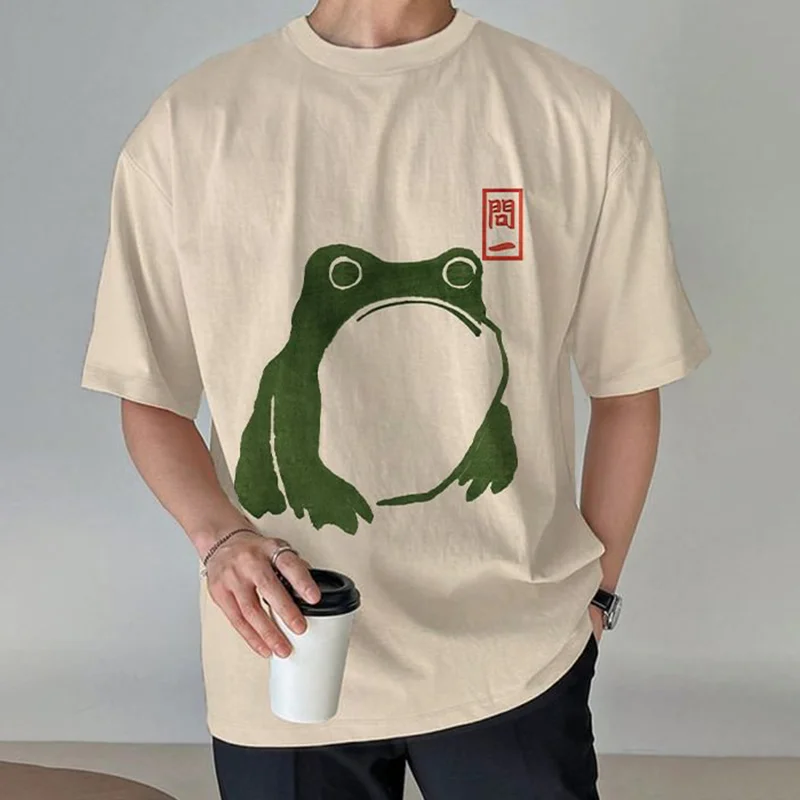 Frog Japanese Lino Art Painting Kanji Print Casual Tee