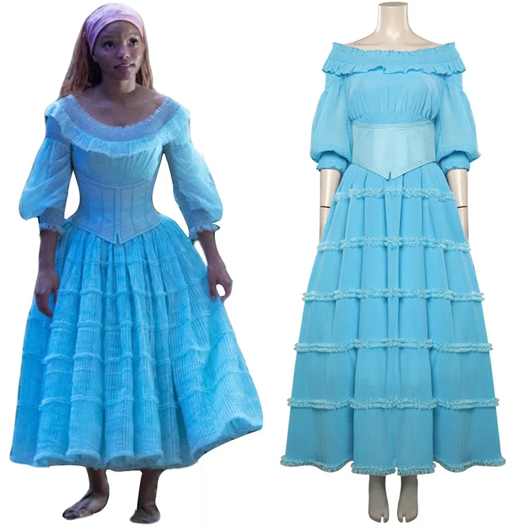 Movie The Little Mermaid 2023 Ariel Outfits Blue Dress Cosplay Costume Halloween Carnival Suit