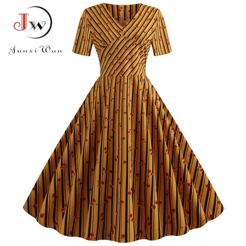 New Summer Striped Floral Print Vintage Midi Dress Women Elegant V Neck Short Sleeve Party Vestidos Slim Casual Sundress Robe