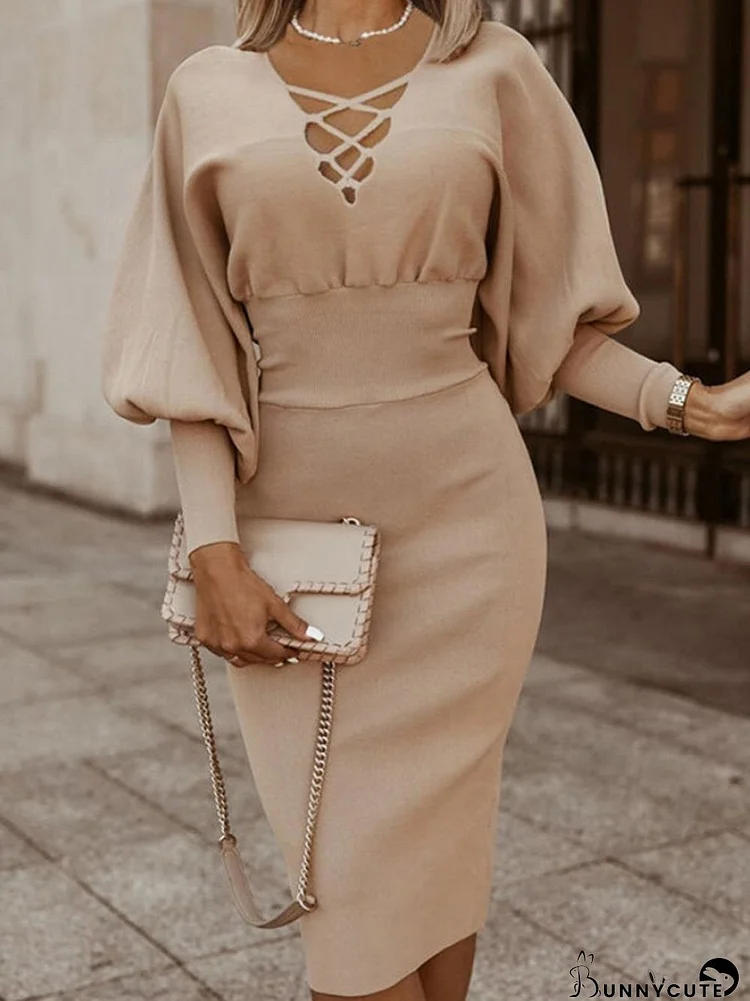 Dresses Cross Puff Sleeve Long Sleeve Slim Dress for Women