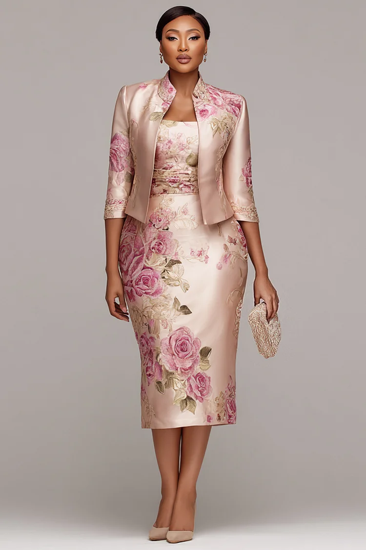 Xpluswear Design Plus Size Mother Of The Bride Pink Floral Half Sleeve Bodycon Satin Two Piece Dress Set [Pre-Order] 2024 - Xpluswear