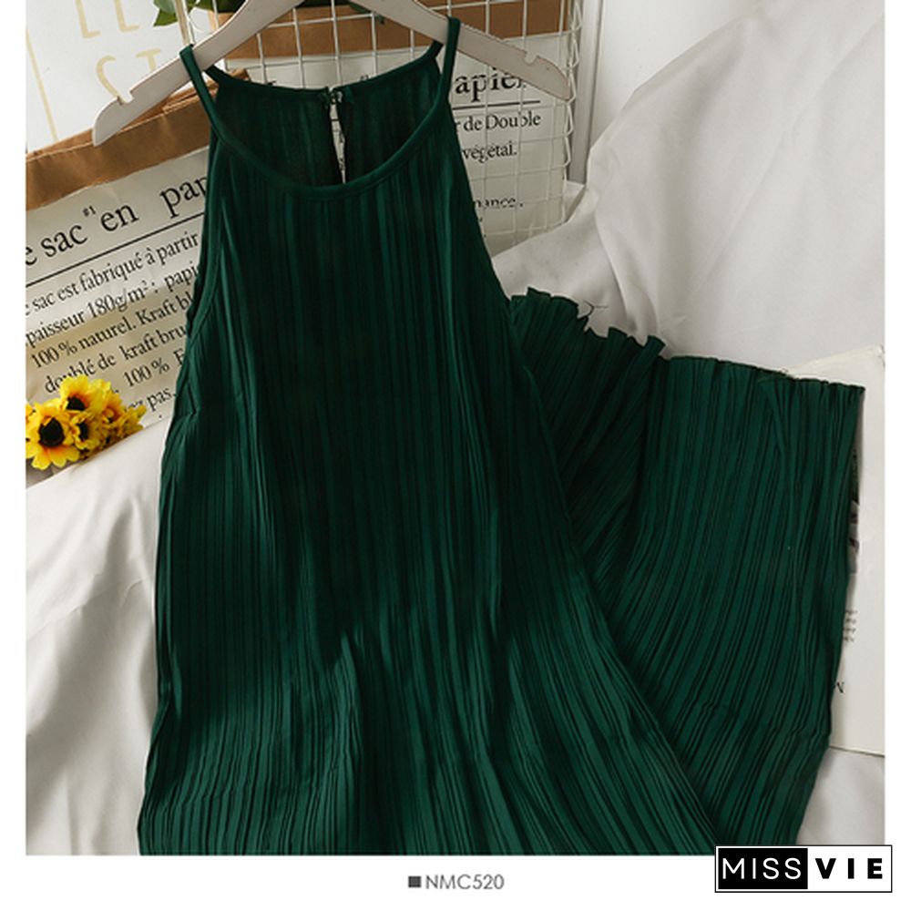 Dress Women Summer Retro Simple Chic Loose Off Shoulder Pleated Dresses Female Midi Sundress Trendy Sleeveless Vestidos Daily