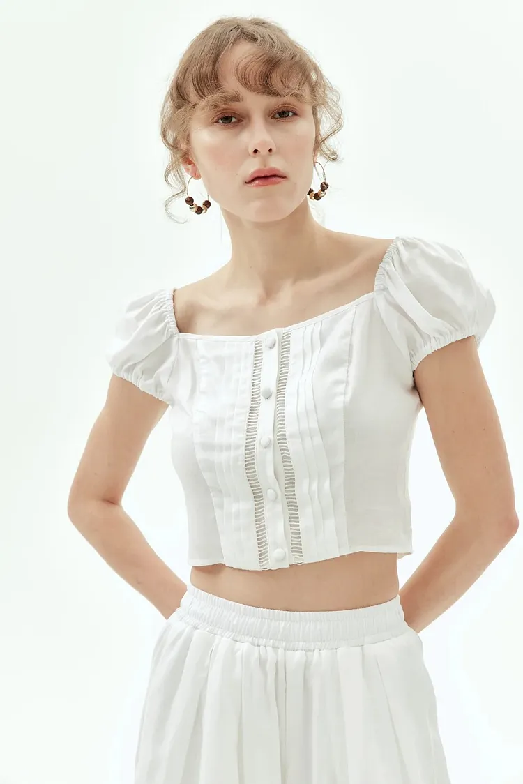 Square-neck puff-sleeve cropped top