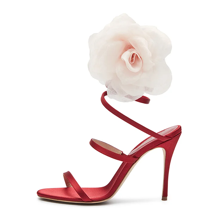Women'S Red Stiletto Wrapped Sandals Elegant Open Toe Flower Shoes Party Heels |FSJ Shoes