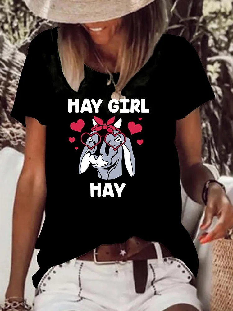 Funny goat hay girl hay Raw Hem Tee