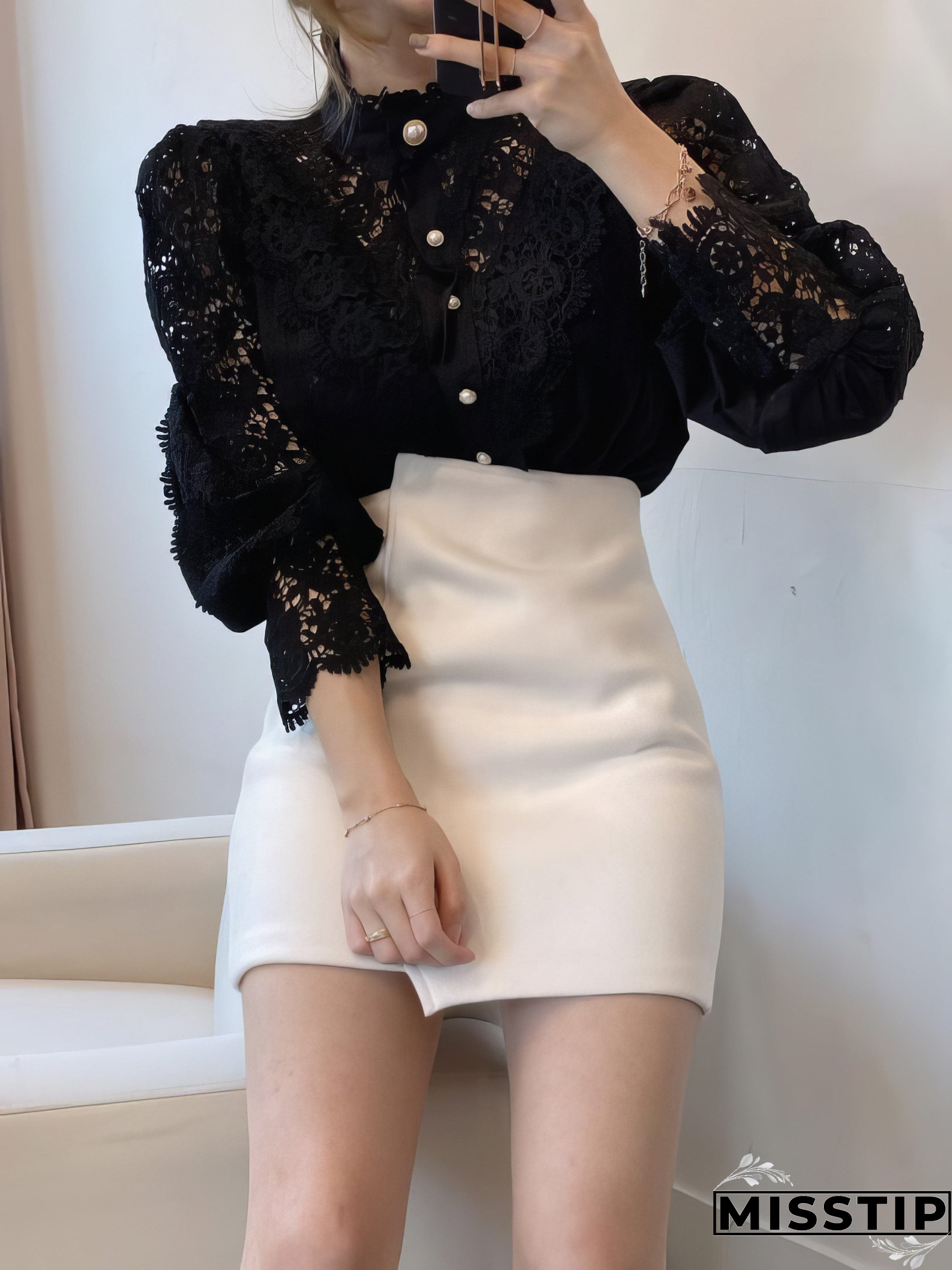White Lace Blouse with Stand Collar and Pearl Buttons