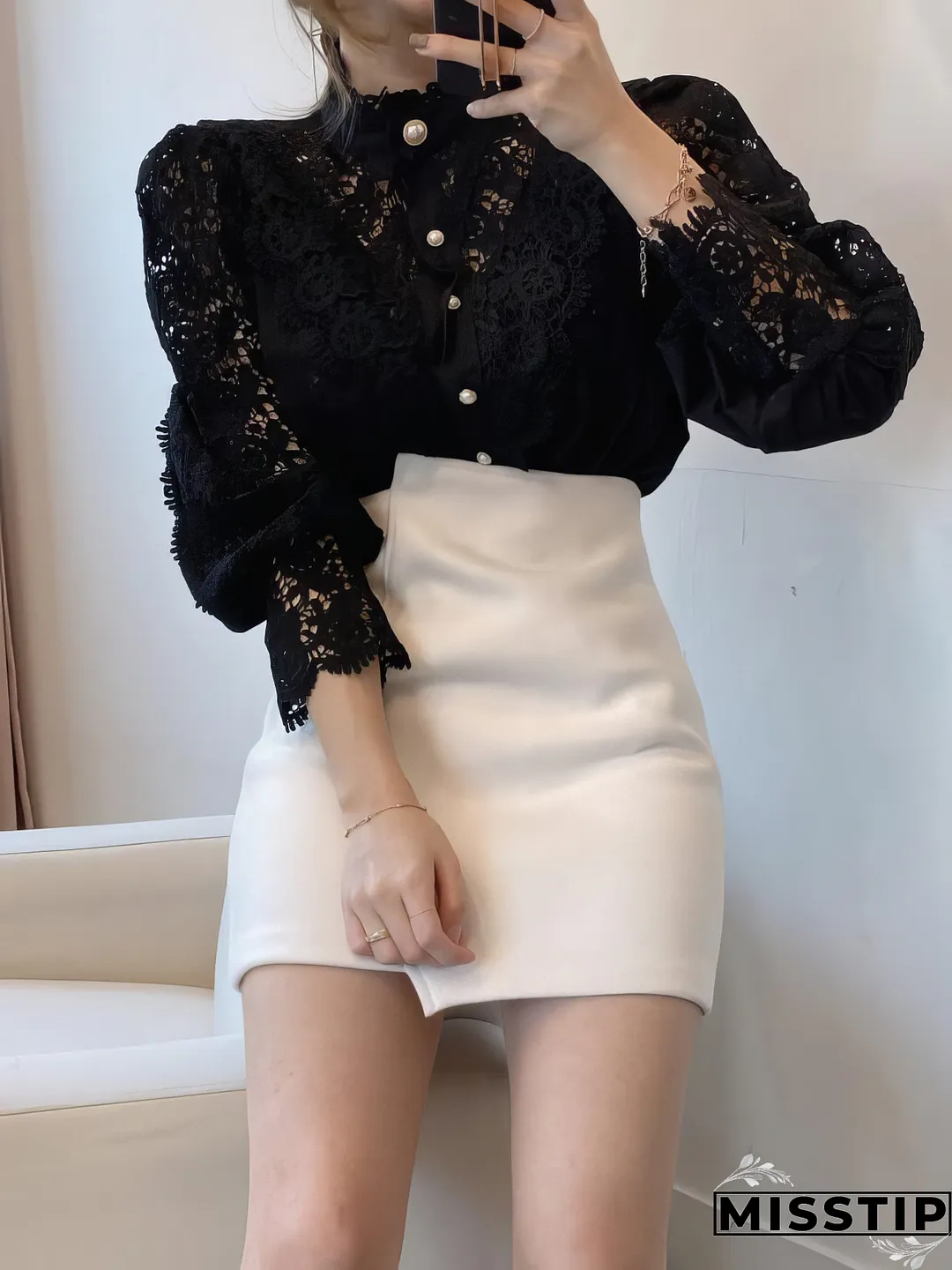 White Lace Blouse with Stand Collar and Pearl Buttons