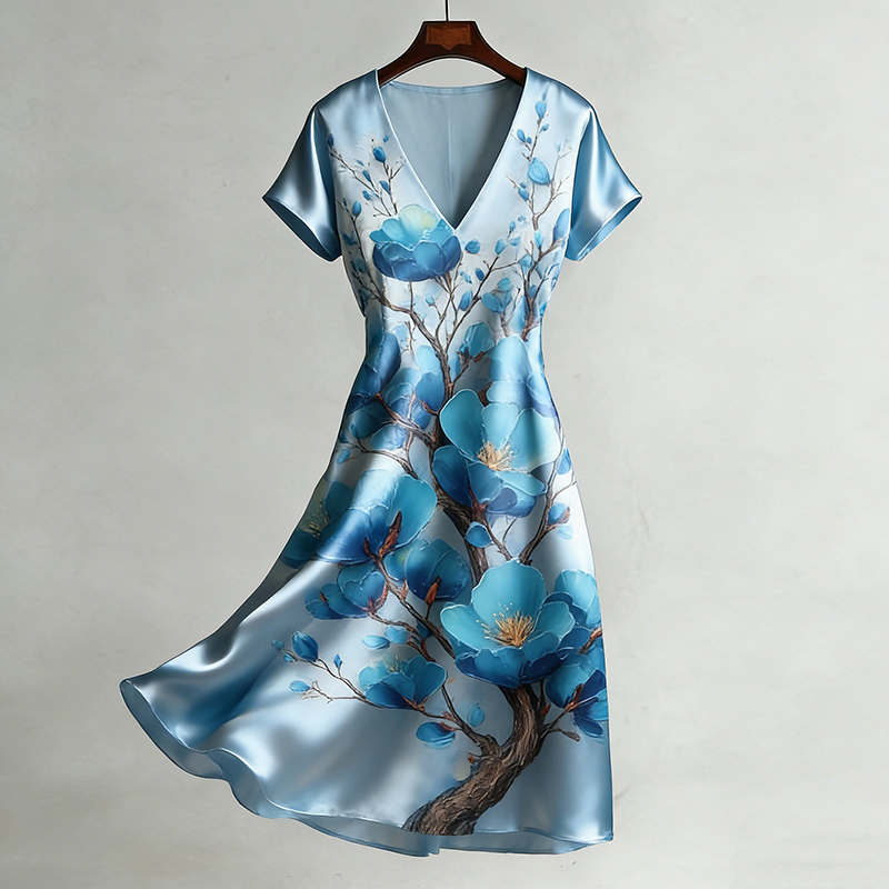 Comstylish Women's Retro Japanese-style Plum Blossom Pattern Smooth Dress