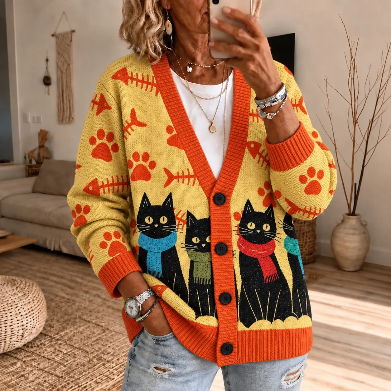 Comstylish Women's Retro Cat Wearing A Scarf Print Cozy Knit Cardigan